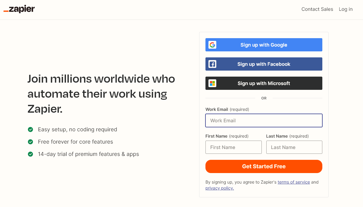 Zapier free signup page